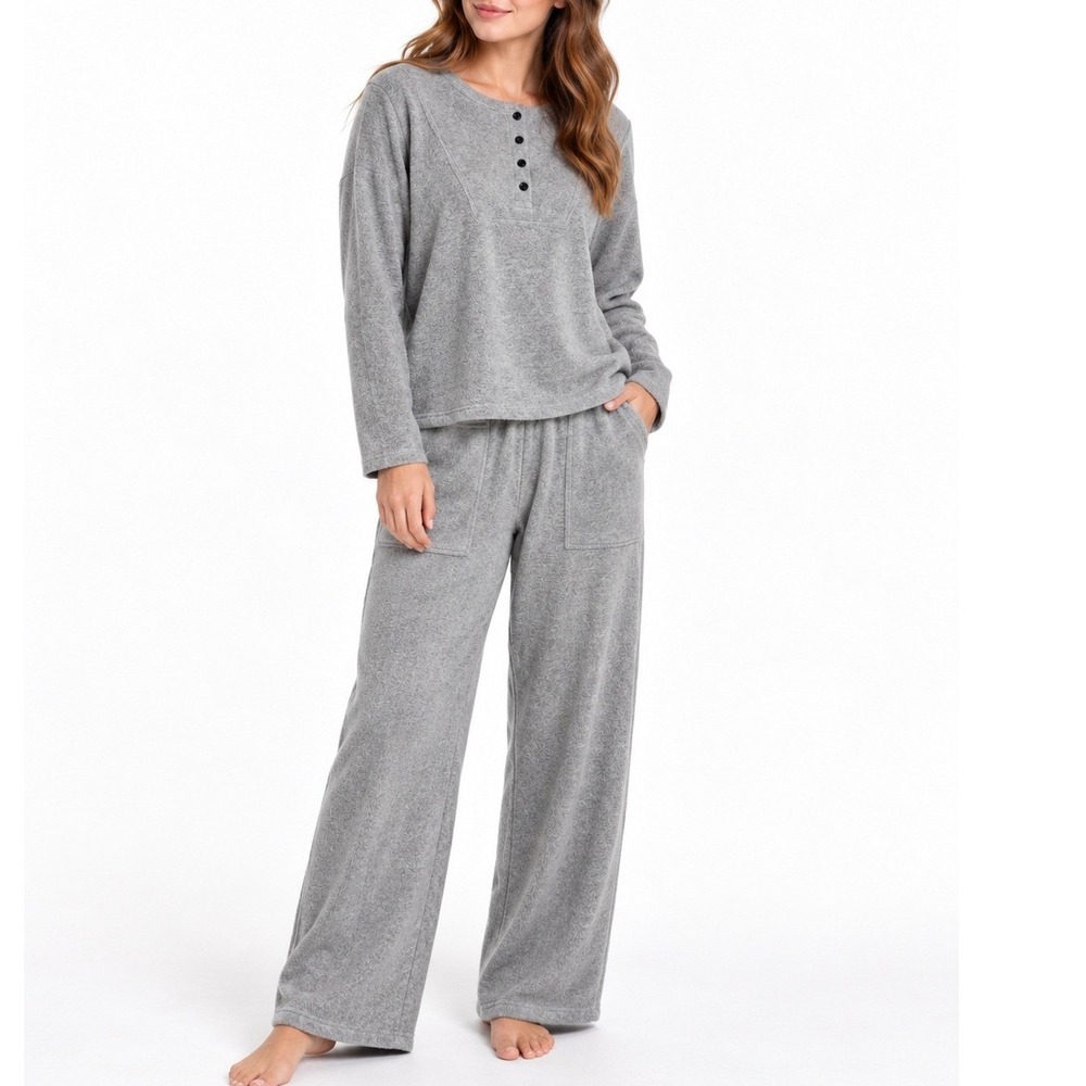 MWL Madewell Womens Gray 2 Piece Lounge Set Size S Henley Top Wide Leg Pants
